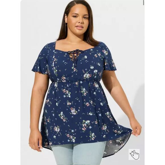 Torrid Tops - Torrid Navy Blue with Floral Babydoll Challis Lace-Up Hi Low Top 1X NWT